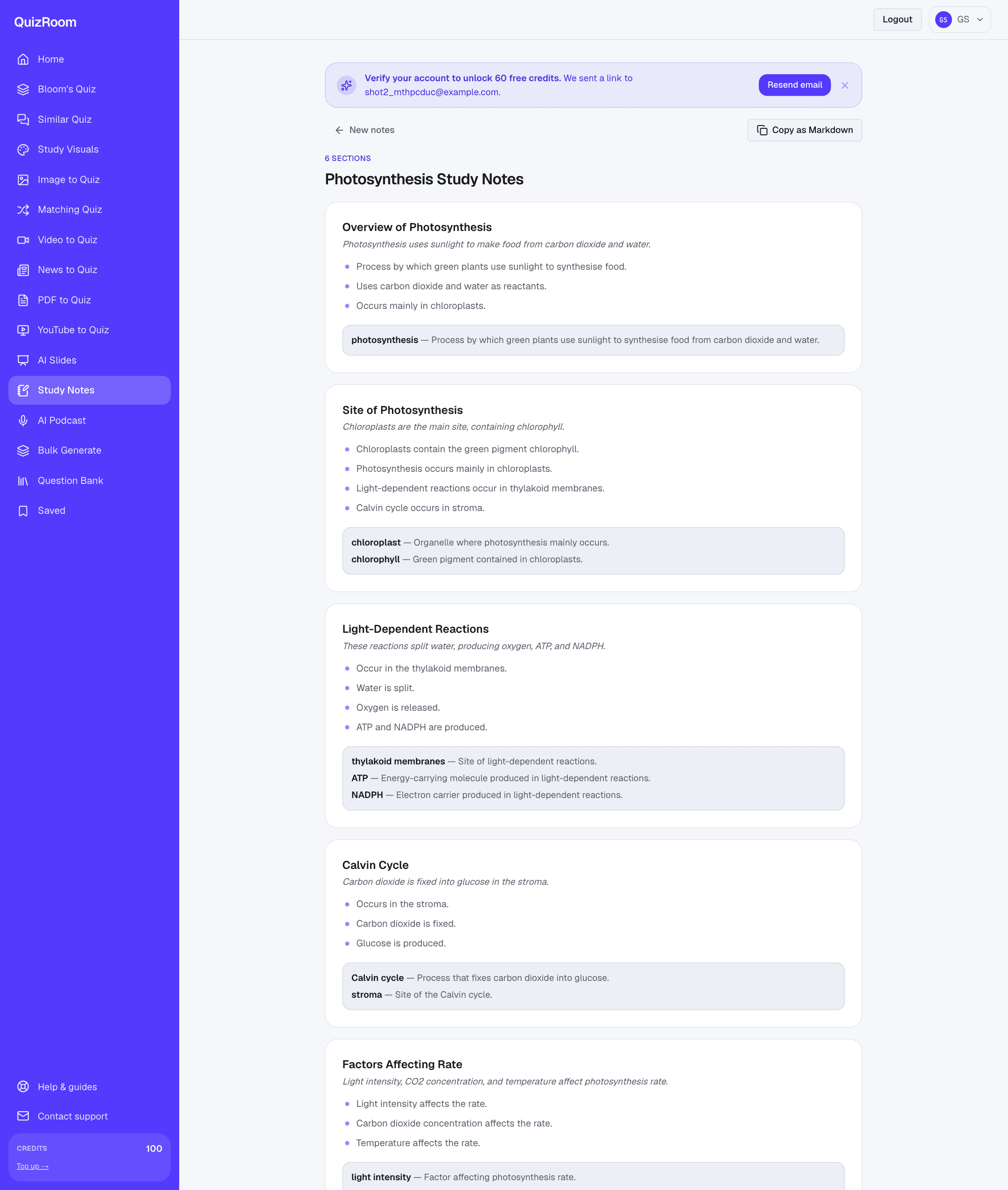 QuizRoom's study notes generator turning a passage into structured sections with key terms.