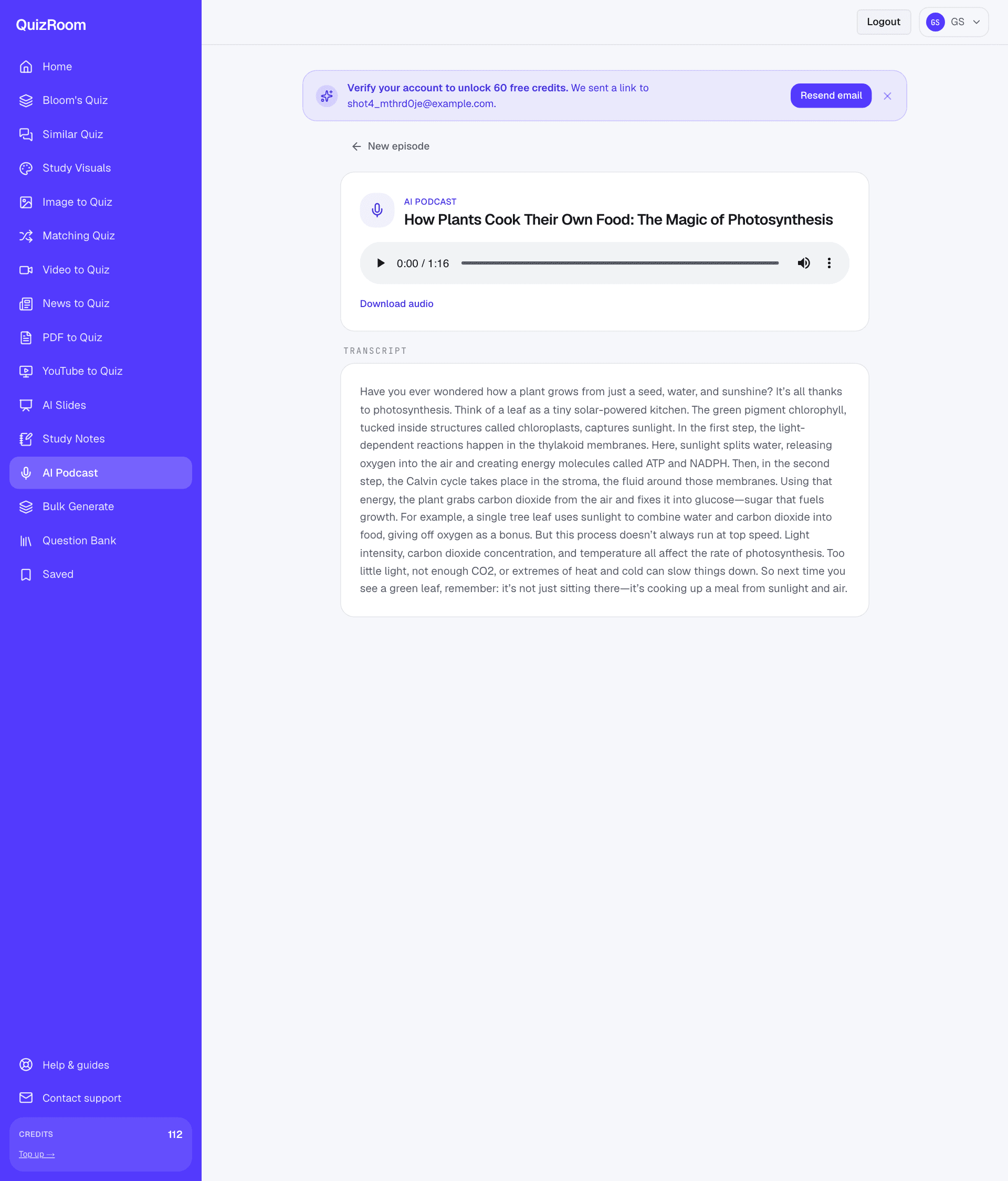 QuizRoom's AI podcast turning a source into a narrated audio explainer with a transcript.